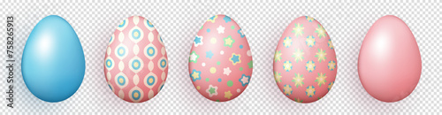 Set of three dimensional realistic colorful painted Easter eggs isolated on transparent background. Multicolored 3d eggs with various pattern as decoration element for Easter cards, banners, wallpaper