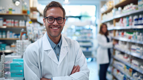 Male pharmacist is smiling at the camera with a pharmacy shelf in the background, and a colleague is slightly out of focus behind him.