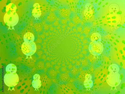 Baby chicks with open beak - cheerful abstract symbolic yellow green graphic background and pattern for Easter period. Topics: Easter decorations, card, holiday season, joy, spring season