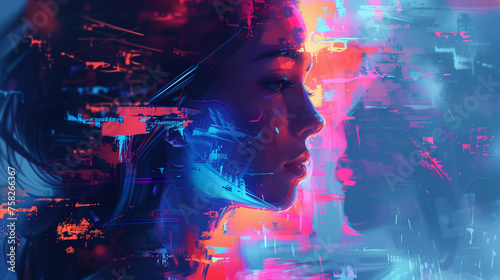 A womans profile is highlighted against a vibrant, neon-lit cyberpunk backdrop with streaks of digital interference and an array of fluorescent colors