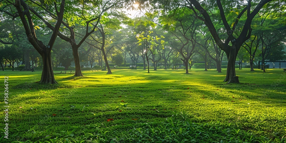 Naklejka premium Gorgeous sunrise at public garden with lush lawn and verdant new foliage at Park.