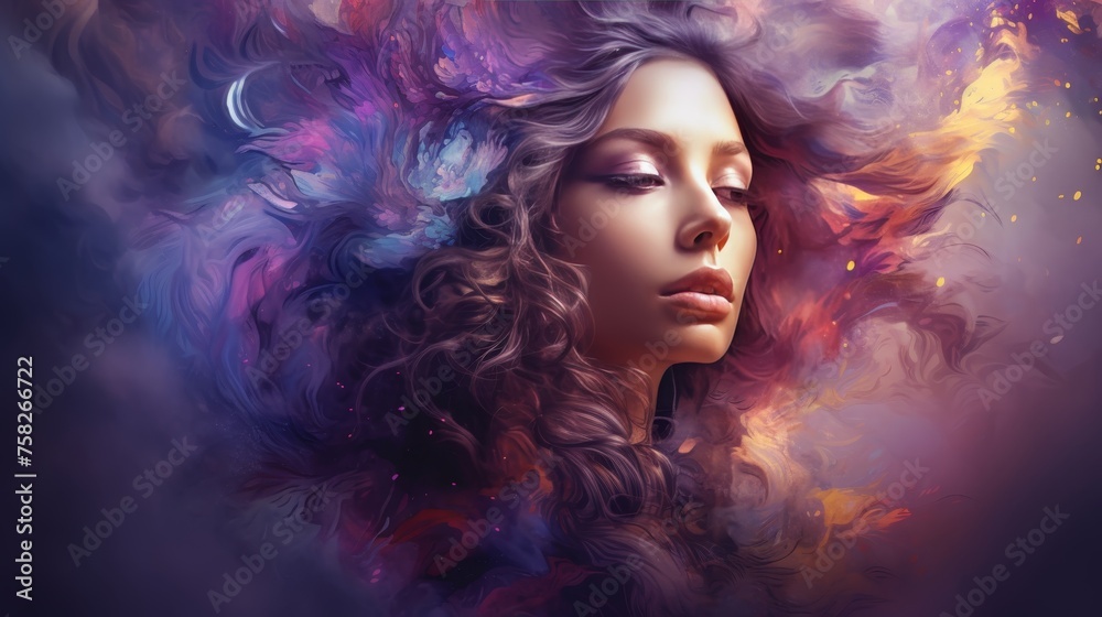 Beautiful woman double exposure with colorful digital paint splash - abstract fantasy portrait