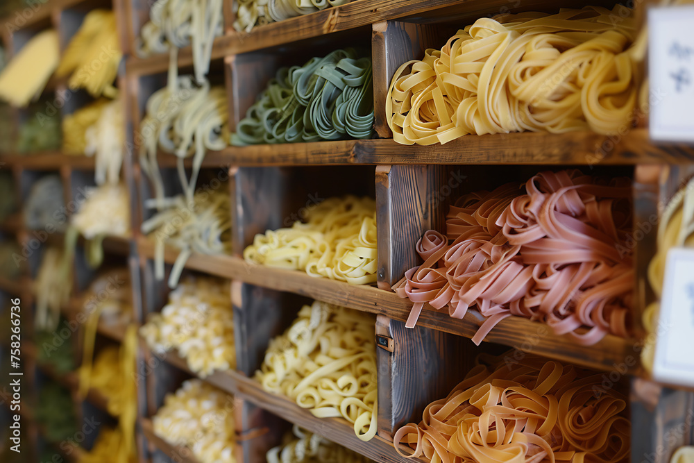 Shelf Filled With Various Types of Pasta