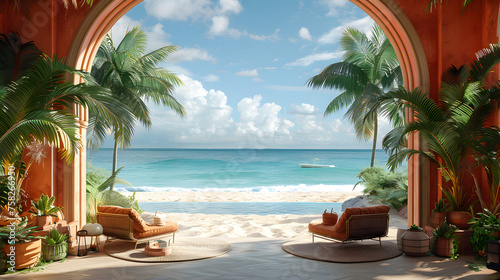 A luxurious villa archway opens to a serene beach with lush palm trees and a clear blue ocean
