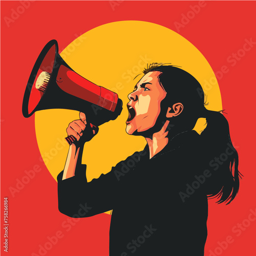 Woman shouting with horn megaphone