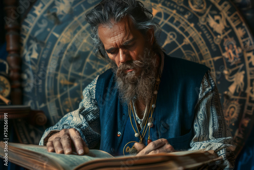 Astrologer portrayed with astrological elements in the background, suitable for astrology-themed websites, fortune-telling services, or mystical illustrations.