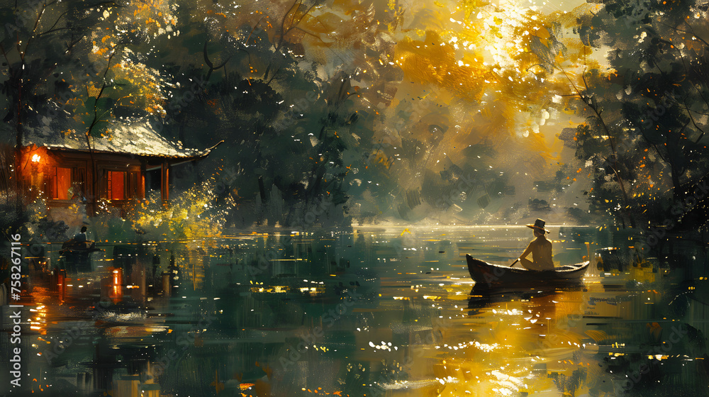 Capturing a serene lake moment, a figure rows gently through a golden-hued forest enveloped in mist, radiating calm