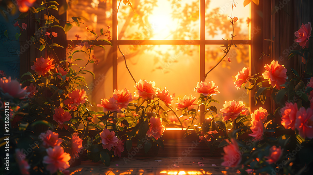 A serene room filled with sunlight that gives life to a beautiful display of peonies by a bright window A serene room filled with sunlight that gives life to a beautiful display of peonies by a bright window