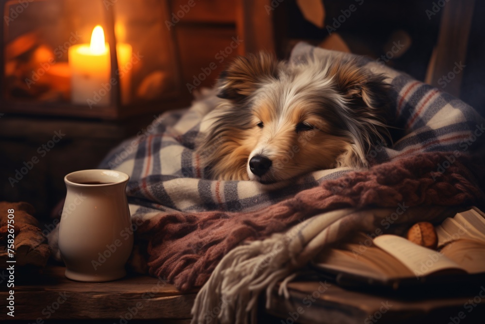 A warm and inviting winter house with a pup resting on the bed, surrounded by a snug blanket, book, and cup of tea. Traditional indoor design.