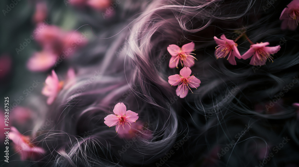 Zbliżenie przedstawiające drobne kwiaty wiśni wplecione we włosy - obrazy, fototapety, plakaty 