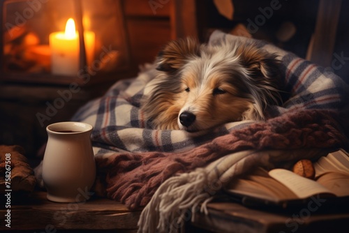 A warm and inviting winter house with a pup resting on the bed, surrounded by a snug blanket, book, and cup of tea. Traditional indoor design. photo