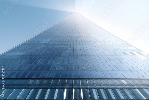 The sleek exterior of a modern skyscraper, towering above the city with its glass facade reflecting the early morning light. This iconic building, a testament