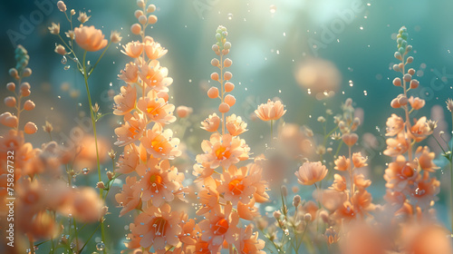 Softly focused image of a tranquil meadow filled with pale orange flowers bathed in warm light