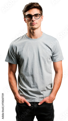 Man in a generic gray T-shirt - Transparent background, Cut out photo