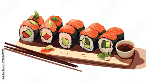 A set of sushi rolls with chopsticks resting on a w