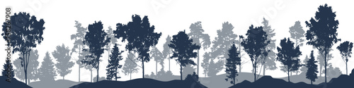 Beautiful landscape, silhouette of forest. Tall pine  and spruce tres. Horizontal woodland. Vector illustration