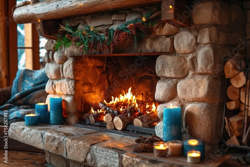 photo of a cozy fireplace with stonewall