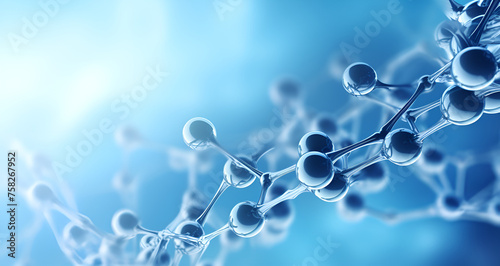 Transparent blue abstract molecule model over blurred blue molecule and atoms background.