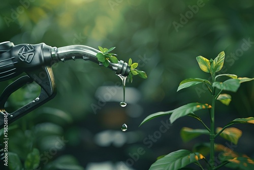 3D graphic of fuel nozzle with green sprout representing eco-friendliness, isolated. Eco-friendly biofuel concept. photo