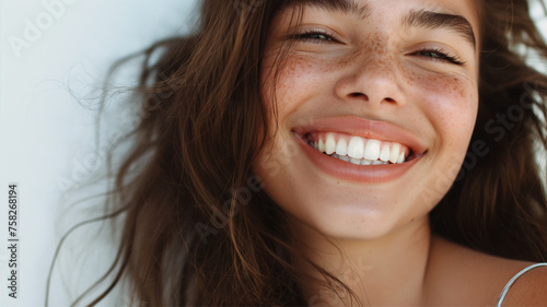 close up portrait of smiling beautiful woman, big healthy white teeth