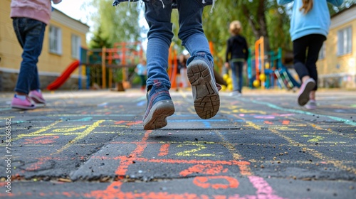 A game of jumping on a school playground with chalk numbers and squares representing childhood innocence and children having fun during recess or after school. photo