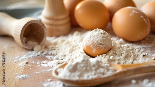 Baking Ingredients on Wooden Table Flour Eggs Rolling Pin