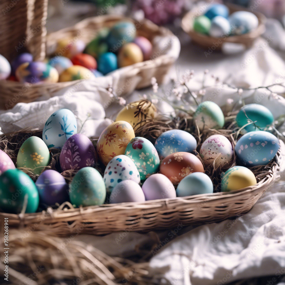 Fototapeta premium Easter eggs and the Easter bunny in the workshop
