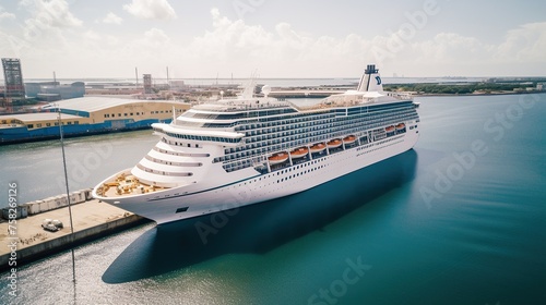 Portrait of a large luxury cruise ship docked in the harbor during a summer day