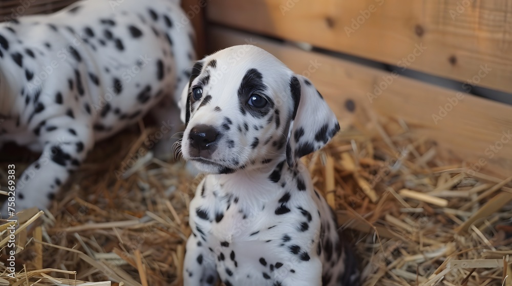 Adorable Dalmatian Puppy Sitting in Straw Cute Pet Portrait