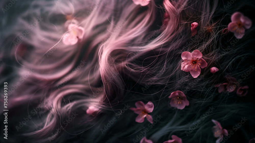 Zbliżenie przedstawiające drobne kwiaty wiśni wplecione we włosy - obrazy, fototapety, plakaty 