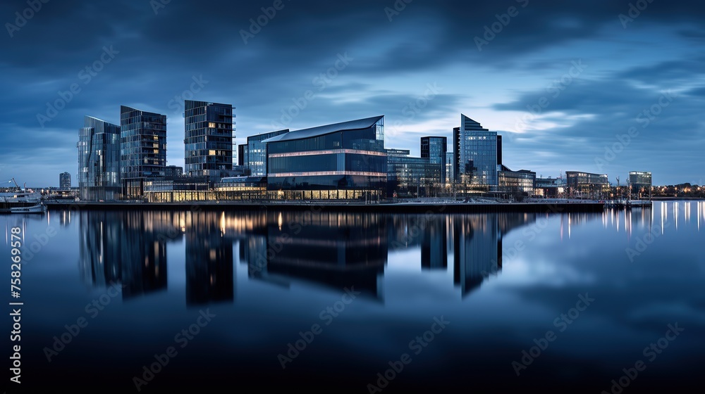 Fototapeta premium Panorama of office buildings and city center near the lake under a cloudy sky
