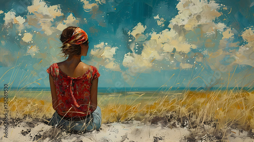 An image of a woman in contemplative solitude facing a serene sea on a textured abstract beach painting