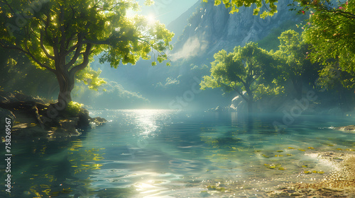 A serene river flows through a sunlit forest, evoking a sense of tranquility and connection with nature