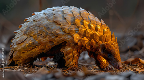 An enchanting image of a pangolin in the wild, with its scales glowing under the golden hour sunlight photo