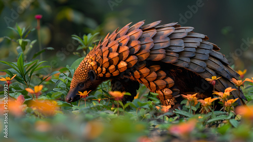 A rare sight of a pangolin amidst bright orange flowers in a lush green habitat, showcasing the unique wildlife photo