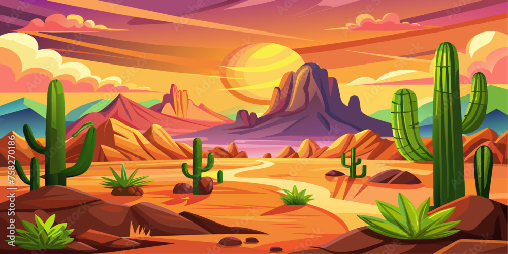Cartoon desert landscape with cactus, hills, sun and mountains silhouettes, vector nature horizontal background - obrazy, fototapety, plakaty 