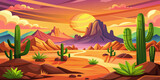 Cartoon desert landscape with cactus, hills, sun and mountains silhouettes, vector nature horizontal background