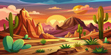 Cartoon desert landscape with cactus, hills, sun and mountains silhouettes, vector nature horizontal background