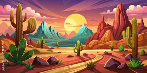 Cartoon desert landscape with cactus, hills, sun and mountains silhouettes, vector nature horizontal background