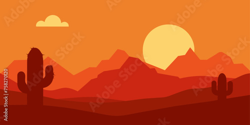 Cartoon desert landscape with cactus, hills, sun and mountains silhouettes, vector nature horizontal background photo