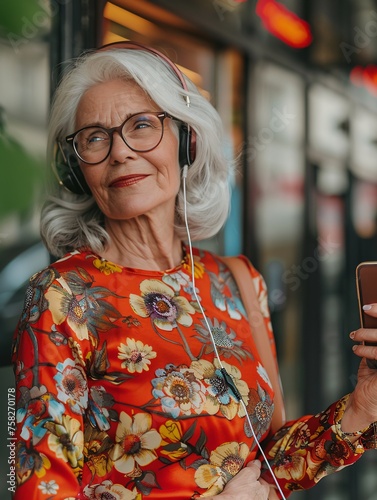 Elderly lady using earbuds to listen to audio books on her mobile device.