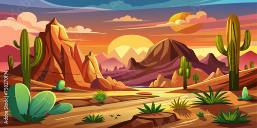 Cartoon desert landscape with cactus, hills, sun and mountains silhouettes, vector nature horizontal background