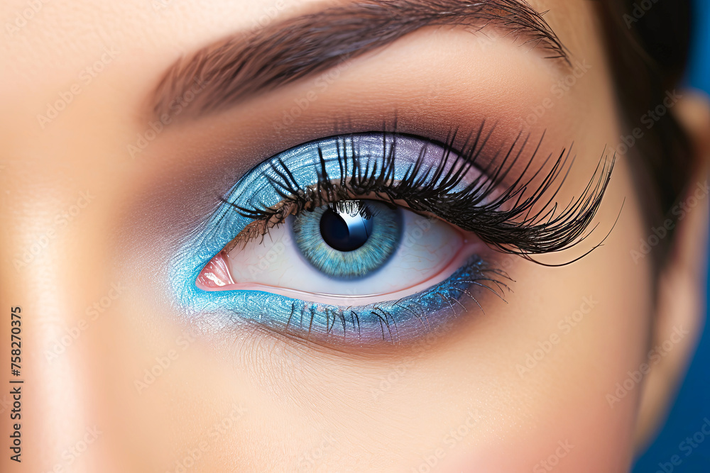 Obraz premium Close-up of a female eye with blue makeup