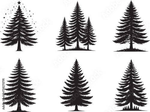 Pine tree silhouette vector illustration set