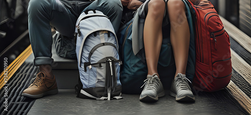  Two young backpackers with their backpacks at the train station waiting for departure times.