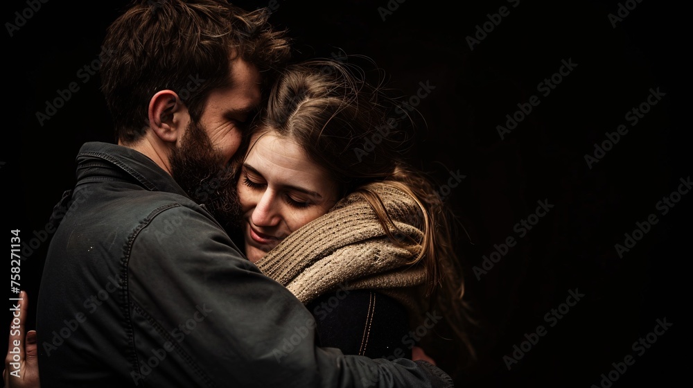 Affectionate young couple embraces on a dark backdrop. Affectionate young couple embraces on a dark backdrop.