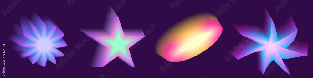 Gradient Y2k shape blur set. Flower, star, planet blurry aesthetic y2k. Vector pastel form illustration. Aura gradient shape