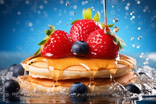 Pancakes with fresh berries and water splash on blue background - breakfast concept