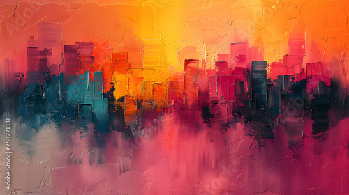 This painting portrays a city vigor through thick, expressive textures and a bright, warm color palette