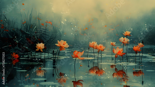 In this alluring composition, bright orange poppies pierce through the fog, reflecting in the water's mirror-like surface amidst a subdued green marsh